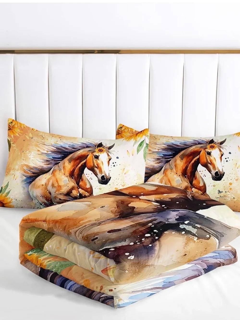 Sunflower Horse Printed Comforter Set - Beige and Yellow